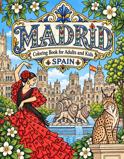 Madrid Coloring Book for Adults cover illustration by Louisa May Carson