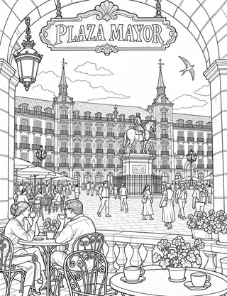 Detailed coloring page of Plaza Mayor Grand Square & Porticoes