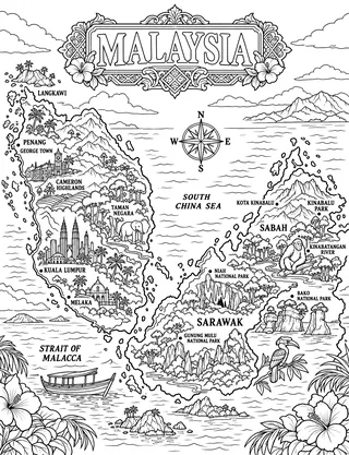 Illustrated travel map of Malaysia landmarks and attractions