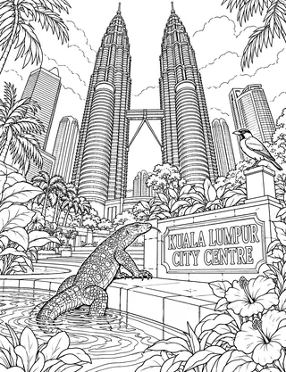 Detailed coloring page of Kuala Lumpur Twin Towers Garden