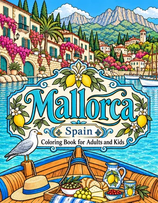 Mallorca Coloring Book for Adults cover illustration by Louisa May Carson