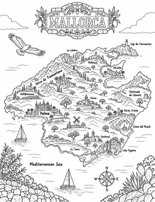 Illustrated travel map of Mallorca landmarks and attractions