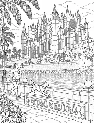 Detailed coloring page of Palma Cathedral and Parc de la Mar
