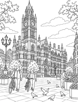 Detailed colouring page of Gothic civic square