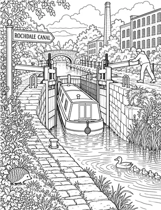 Detailed colouring page of Rochdale Canal lock featuring Rochdale Canal sign