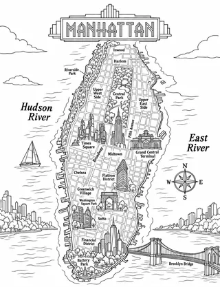 Illustrated travel map of Manhattan landmarks and attractions