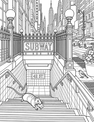 Detailed coloring page of Times Square Subway Stair Portal featuring Subway sign