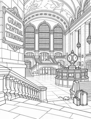 Detailed coloring page of Grand Central Terminal Concourse featuring Grand Central Terminal sign