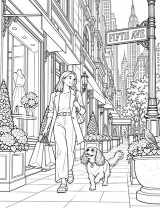 Detailed coloring page of Fifth Avenue Luxury Shopping featuring Fifth Ave sign
