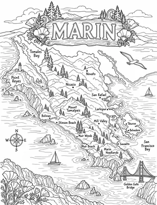 Illustrated travel map of Marin landmarks and attractions