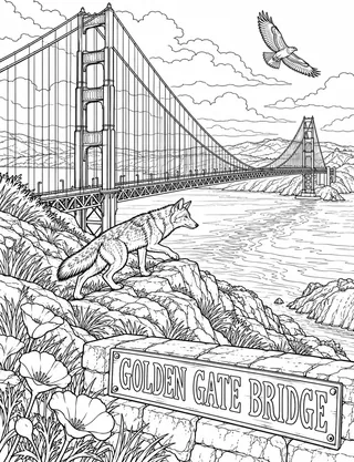 Detailed coloring page of Golden Gate Bridge Overlook featuring Golden Gate Bridge sign