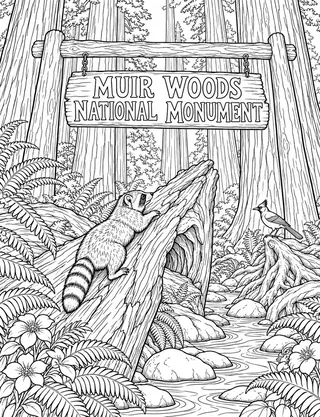 Detailed coloring page of Muir Woods National Monument featuring Muir Woods National Monument sign
