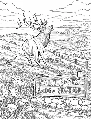 Detailed coloring page of Point Reyes National Seashore featuring Point Reyes National Seashore sign