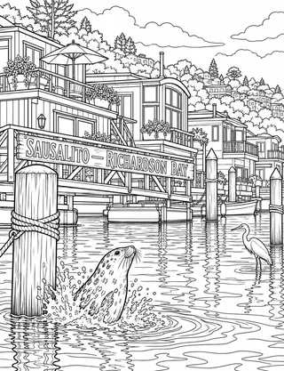 Detailed coloring page of Sausalito Richardson Bay Floating Homes featuring Sausalito – Richardson Bay sign