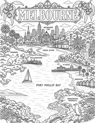 Illustrated travel map of Melbourne landmarks and attractions