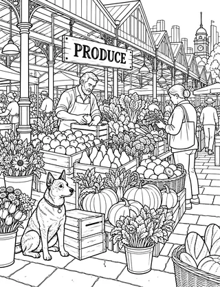 Detailed colouring page of Queen Victoria Market produce stall featuring Produce sign