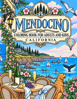 Mendocino Coloring Book for Adults cover illustration by Louisa May Carson