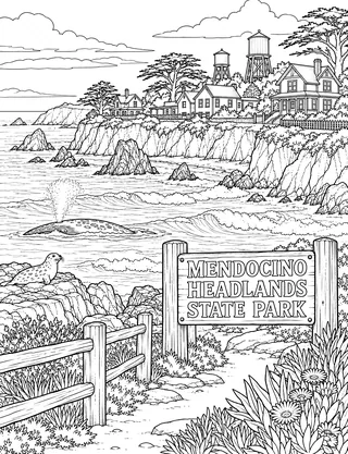 Detailed coloring page of Mendocino Village Headlands