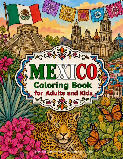 Mexico Coloring Book for Adults cover illustration by Louisa May Carson