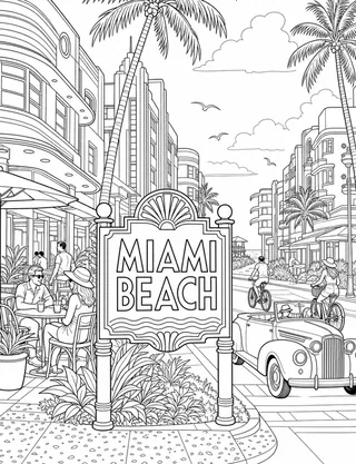 Detailed coloring page of Ocean Drive Art Deco scene featuring Miami Beach sign