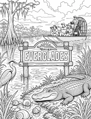 Detailed coloring page of Everglades Airboat featuring Everglades sign