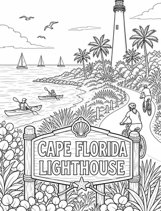 Cape Florida Lighthouse Miami coloring page with detailed line art