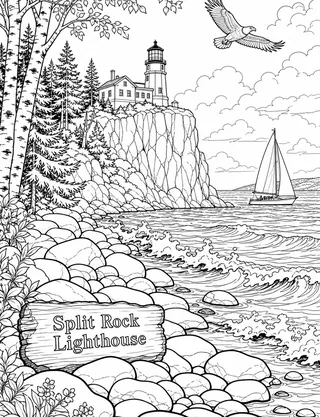 Detailed coloring page of Split Rock Lighthouse Lake Superior Cliff