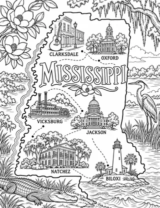 Illustrated travel map of Mississippi landmarks and attractions