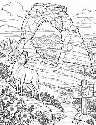 Detailed coloring page of Delicate Arch and Slickrock Basin