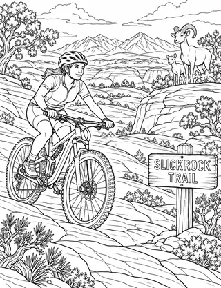 Detailed coloring page of Slickrock Trail Mountain Biking featuring Slickrock Trail sign