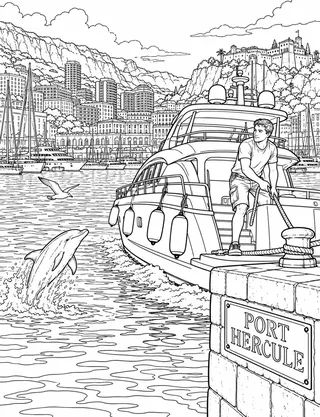 Detailed coloring page of Port Hercule Waterline Yacht Arrival
