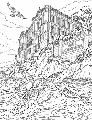 Detailed coloring page of Oceanographic Museum Seaward Facade