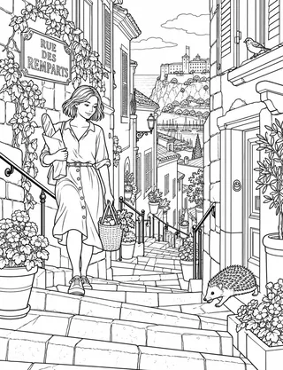 Detailed coloring page of Monaco Ville Stepped Old Town Lane