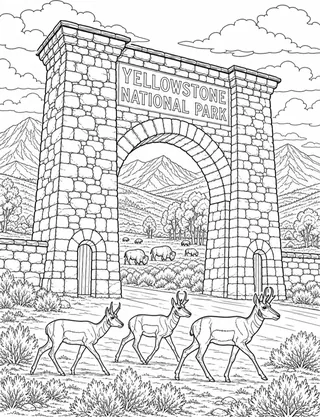 Detailed coloring page of Roosevelt Arch and the Yellowstone gateway at Gardiner featuring Yellowstone National Park sign