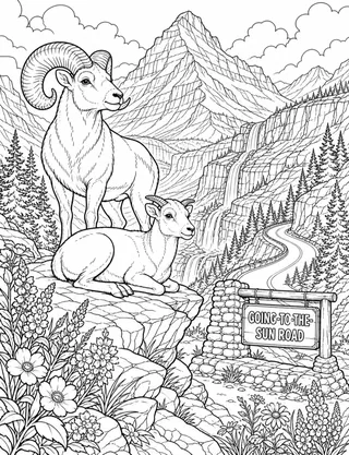Detailed coloring page of Bighorn sheep along the Going-to-the-Sun Road featuring Going-To-The-Sun Road sign