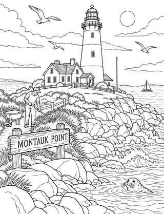 Detailed colouring page of Montauk Point Lighthouse featuring Montauk Point sign