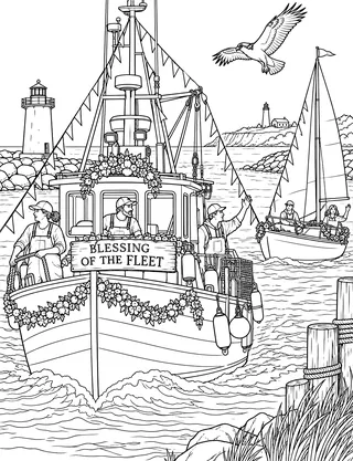 Blessing Of The Fleet Montauk coloring page with detailed line art