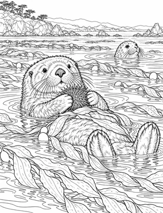 Detailed coloring page of Southern Sea Otter in Monterey Bay