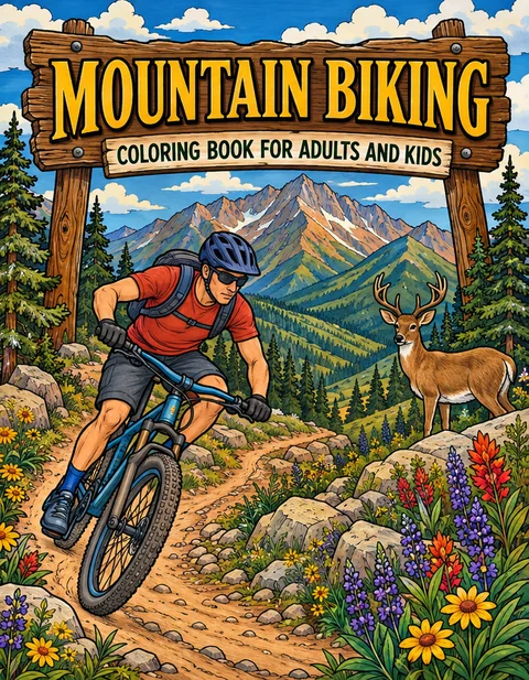 Mountain Biking Coloring Book for Adults cover illustration by Louisa May Carson