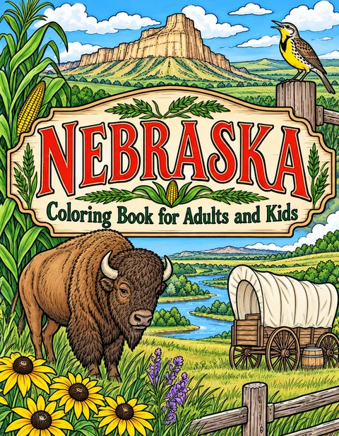 Nebraska Coloring Book for Adults cover illustration by Louisa May Carson