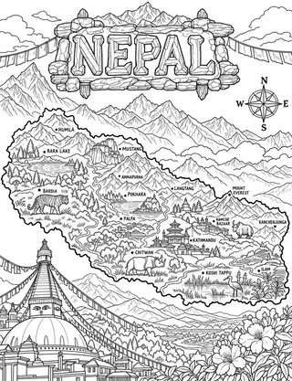 Illustrated travel map of Nepal landmarks and attractions
