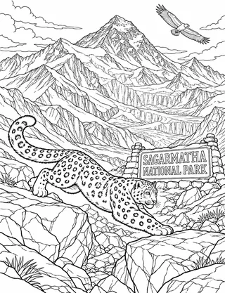 Detailed coloring page of Mount Everest and Sagarmatha National Park