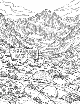 Detailed coloring page of Annapurna Base Camp Amphitheater featuring Annapurna Base Camp sign