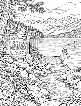 Detailed coloring page of Rara Lake and Musk Deer featuring Rara National Park sign