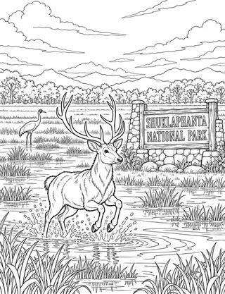 Detailed coloring page of Shuklaphanta Swamp Deer Grassland featuring Shuklaphanta National Park sign