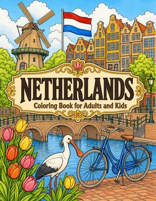 Netherlands Coloring Book for Adults cover illustration by Louisa May Carson