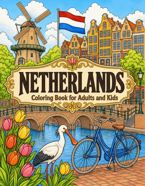 Netherlands Coloring Book for Adults cover illustration by Louisa May Carson
