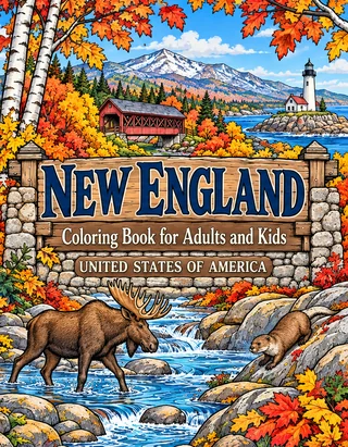 New England Coloring Book for Adults cover illustration by Louisa May Carson