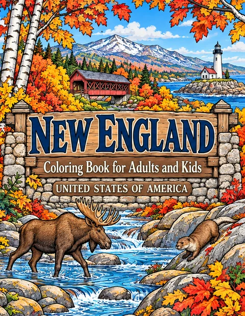 New England Coloring Book for Adults cover illustration by Louisa May Carson
