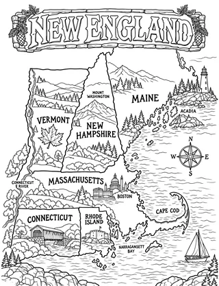Illustrated travel map of New England landmarks and attractions